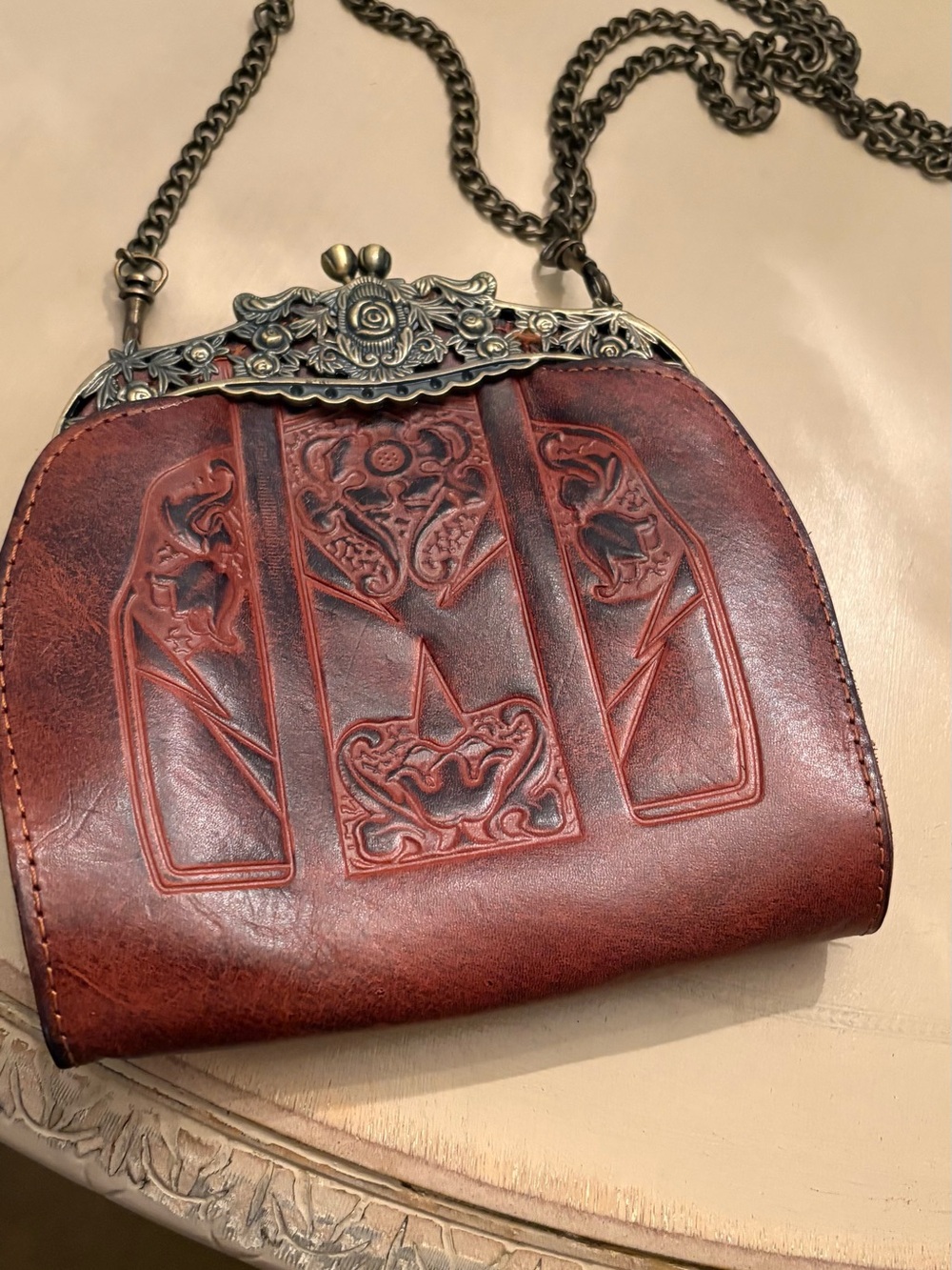 Patricia Nash Brown Embossed Leather Frame Clutch with Antique Chain